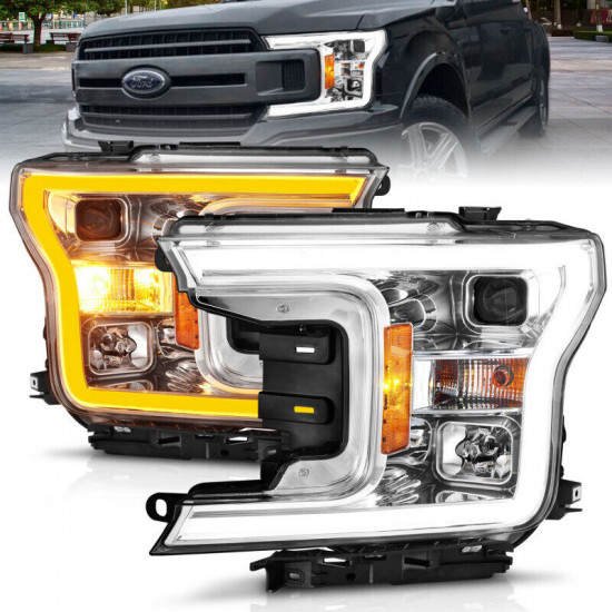 ANZO 2018-2020 Ford F-150 Projector Headlight w/Plank Style Switchback Chrome Ho