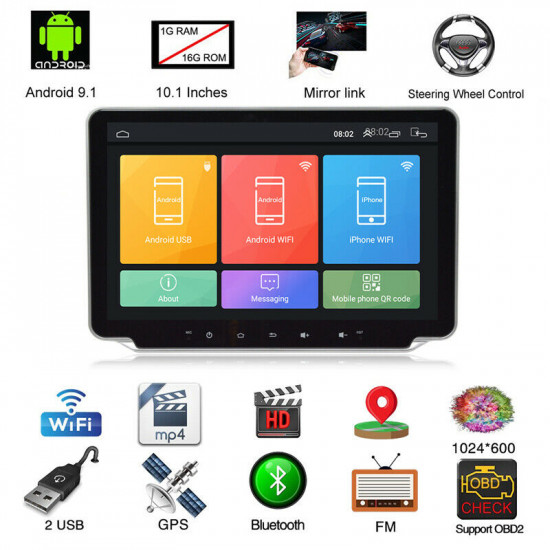 2 Din 10.1"HD Quad Core Android 9.1 Car GPS Navi WiFi Radio Stereo MP5 Player